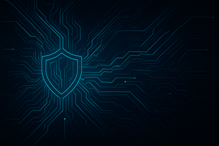 Abstract blue shield and circuitry lines representing cybersecurity concept