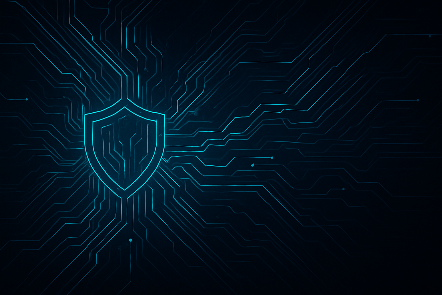 Abstract blue shield and circuitry lines representing cybersecurity concept